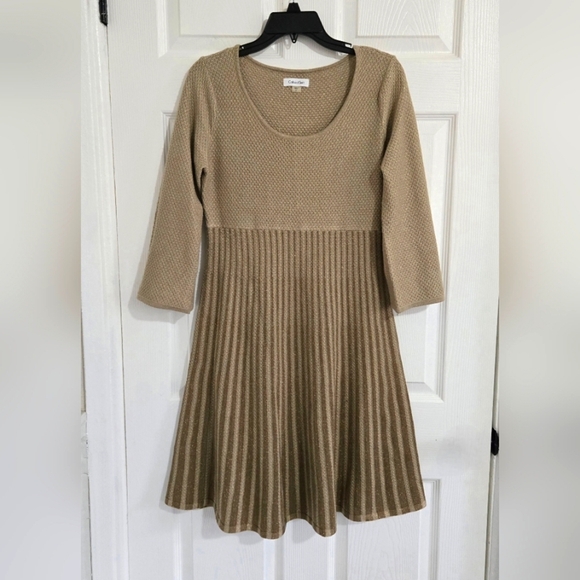 Calvin Klein Knitted Dress Size Medium Metallic Stripes 3/4 Sleeve A-Line - Picture 1 of 12